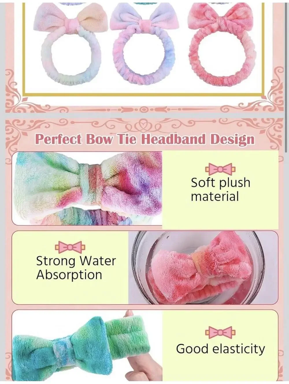 3pc Spa Headband Set Plush Bow Soft Elastic Makeup Wash Face Pinks Purple New